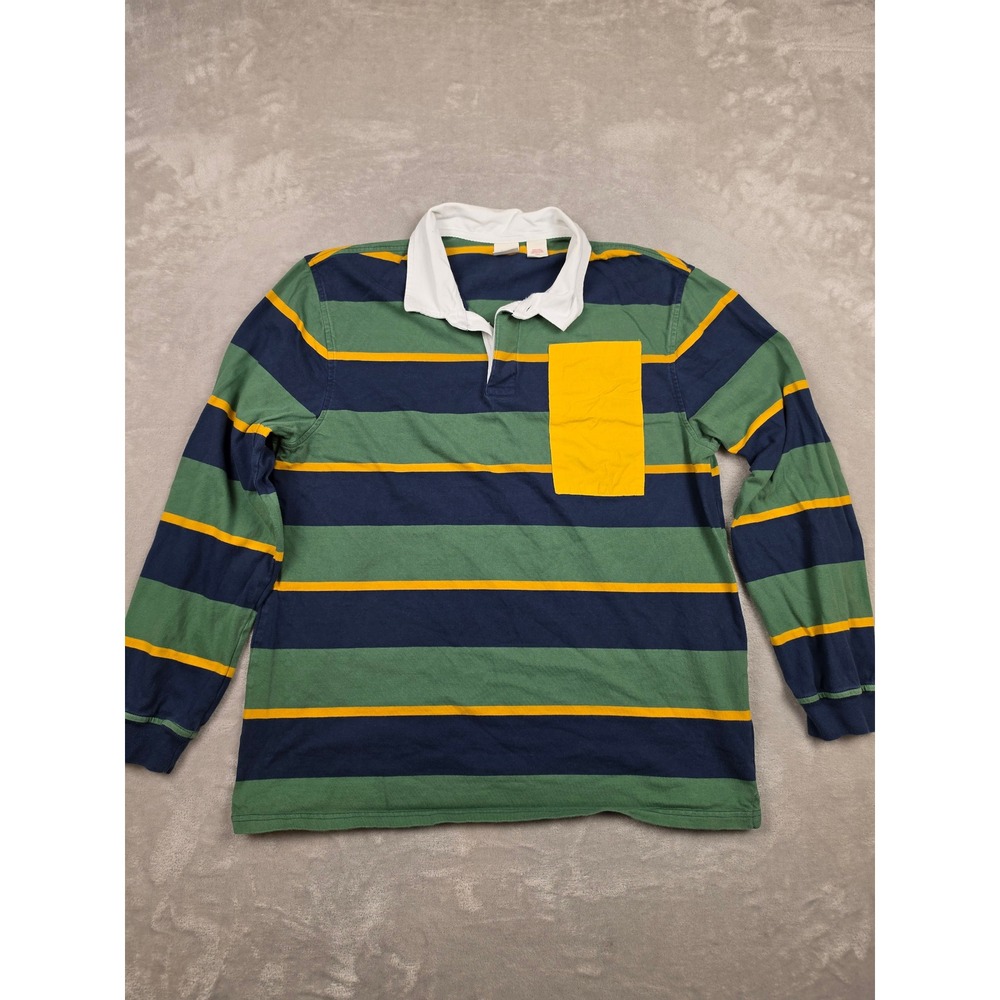 Levi's Rugby Polo Shirt Mens L Green Blue Striped Long Sleeve Pocket Relaxed Y2K